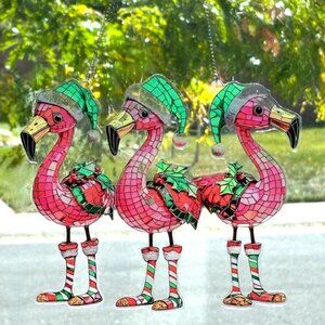 Tropical Trio of Santa Christmas Flamingoes Acrylic Window Hanging Sun Catcher